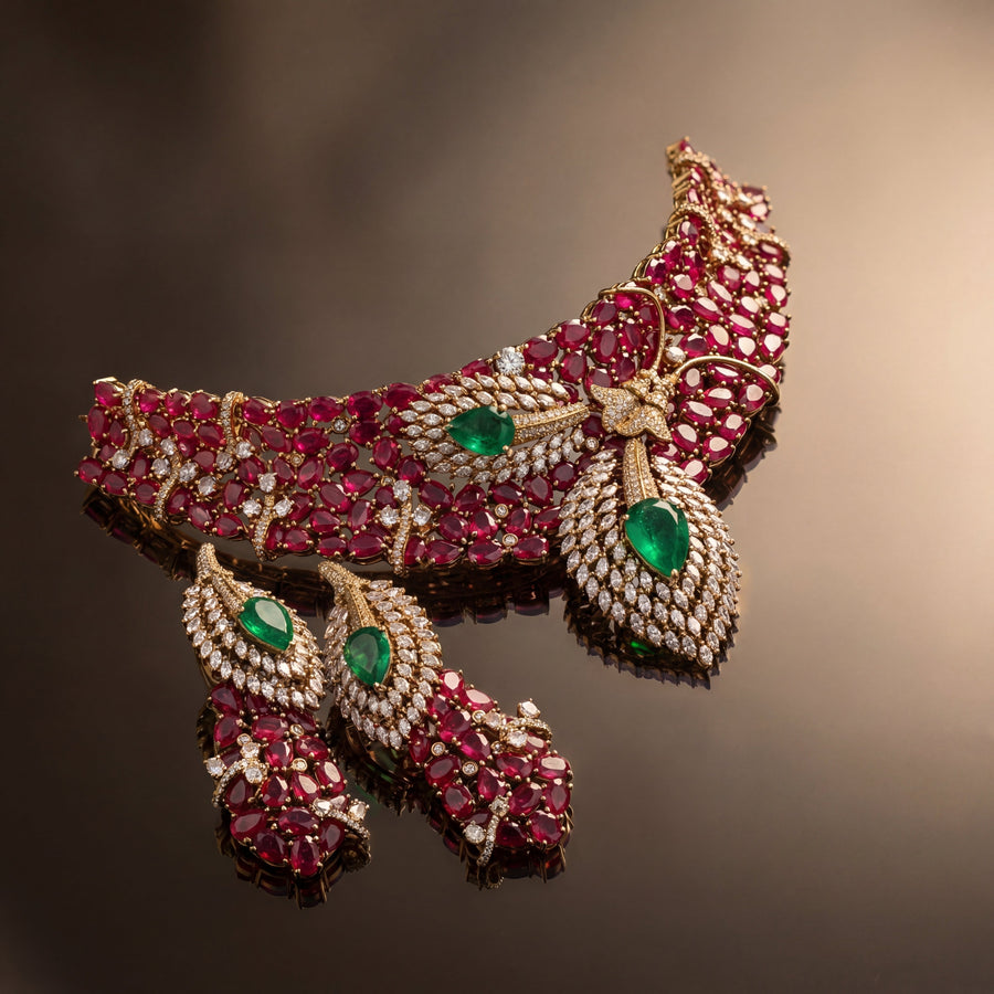 Dual leaf ruby designer necklace set – worn on neck by Ozel