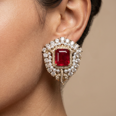 Aneeksha scarlet royale stud earrings with kundan halo