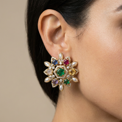Anvitha royal Navratna stud earrings – nine-gem Indian heritage by Ozel