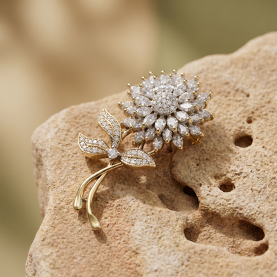 Asmita crystal bloom brooch with floral petals and luminous centerpiece