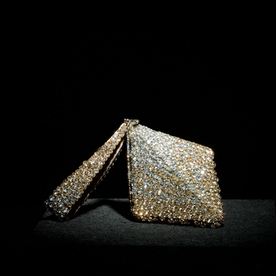 Gold and silver rhinestone pyramid structured clutch with embroidered handle — Ozel