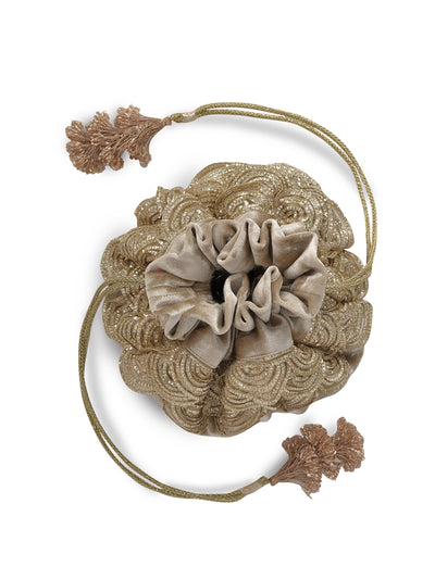 Gold scallop-edged embroidered potli bag with tassel drawstring — Ozel