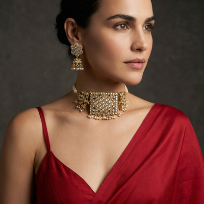 Chitralekha Kundan Pearl Choker Set with Kundan stones, lustrous pearls and Mughal goldwork by Ozel