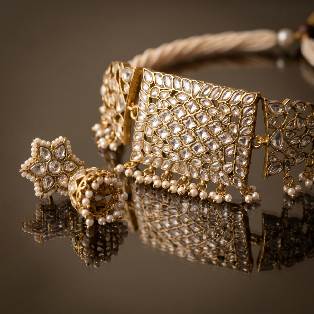 Chitralekha Kundan pearl choker set – detail view by Ozel