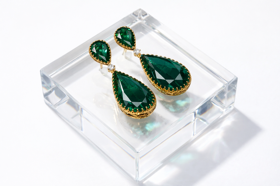 Lumiere Drop Earrings with cascading luminous gemstone drops and gold artisan setting by Ozel