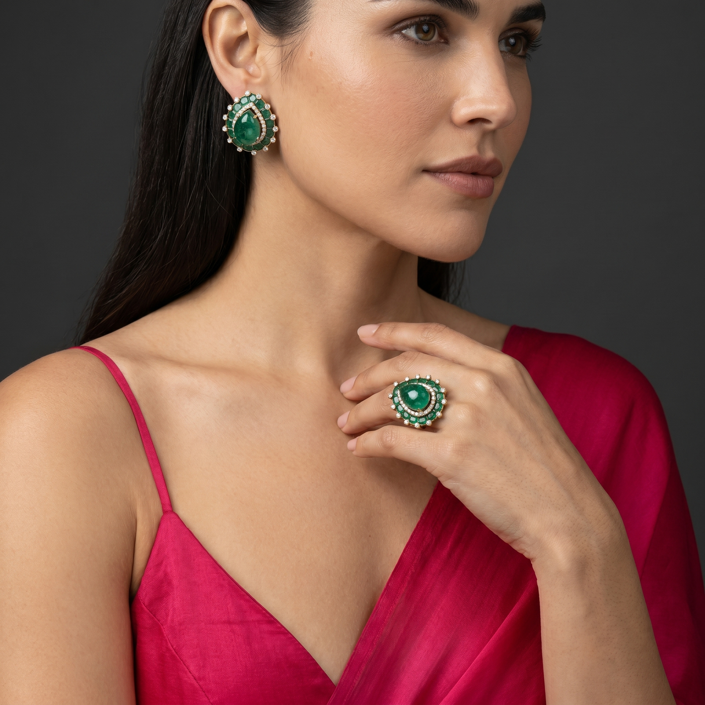 Damini Emerald Studs and Ring Set