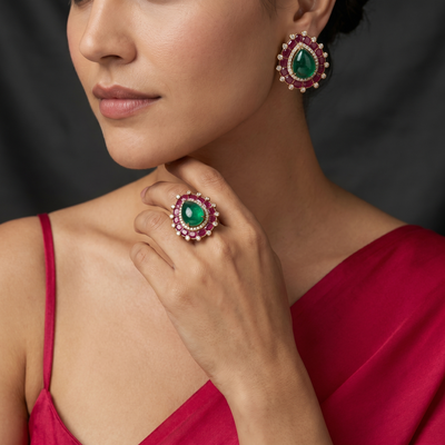 Damini Emerald & Ruby Studs and Ring Set