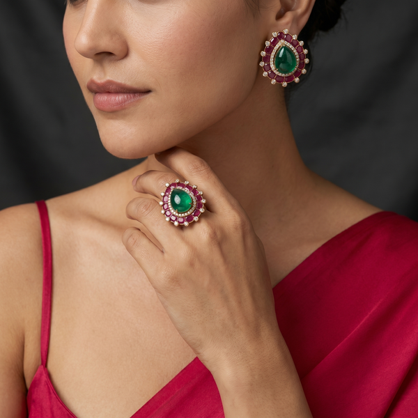 Damini Emerald & Ruby Studs and Ring Set