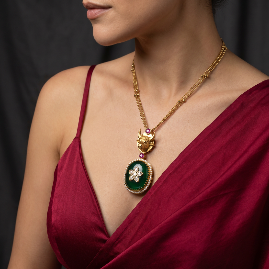 Devdrithi emerald pendant necklace with polki frame