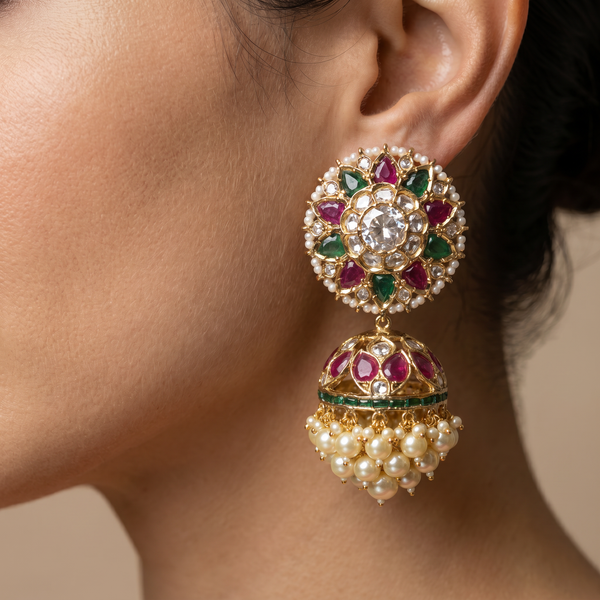 Devyora Royal Bloom Jhumka with floral bloom silhouette and cascading drops in heritage gold by Ozel