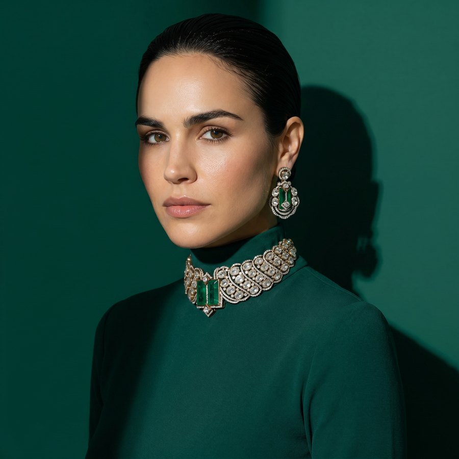 Double Emerald Choker Necklace Set