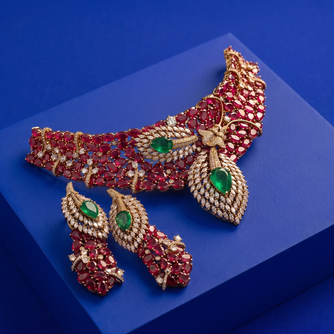 Dual Leaf Ruby Designer Necklace Set