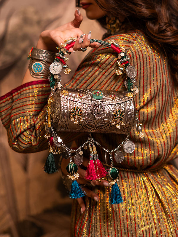 Tara silver-plated tribal handbag with kundan, coin and tassel embellishments — Ozel