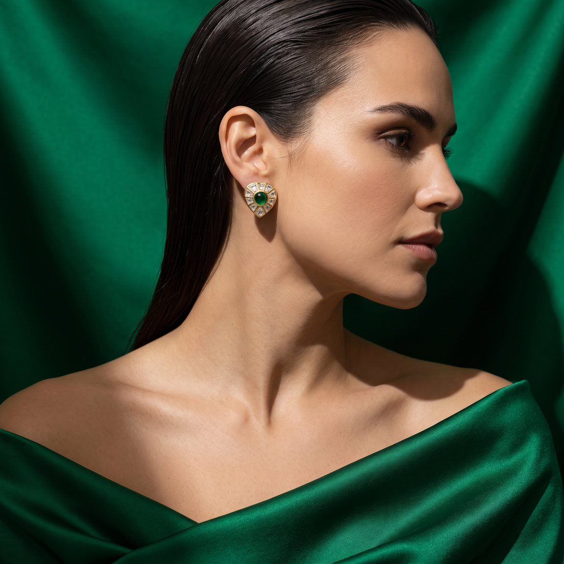 Koyna Green Kundan Stud Earrings