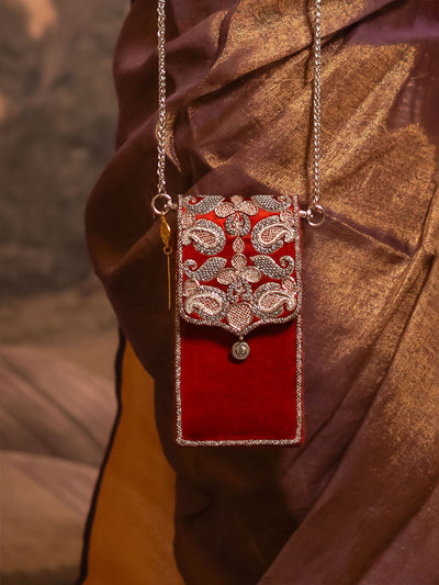 Amra silver-plated metallic mobile sling bag — Ozel x Mortantra heritage collaboration