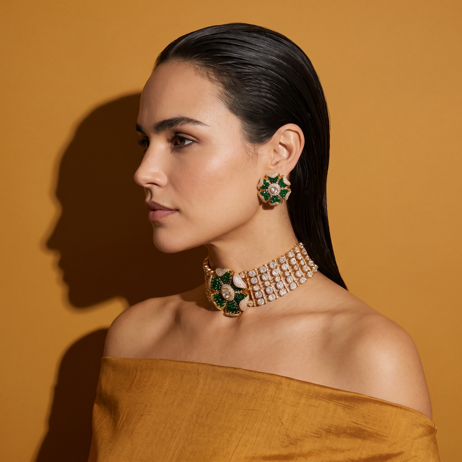Meherzar Emerald Blossom Choker Set
