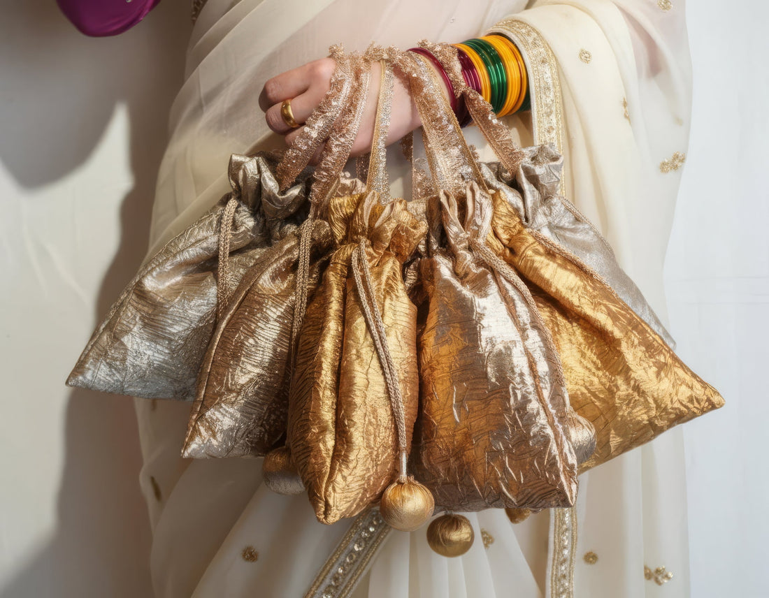 Nisha set of gota-embroidered potli bags with handmade tassels — Ozel