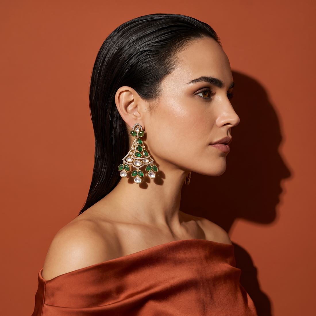 Navika Green Kundan Chandelier Earrings