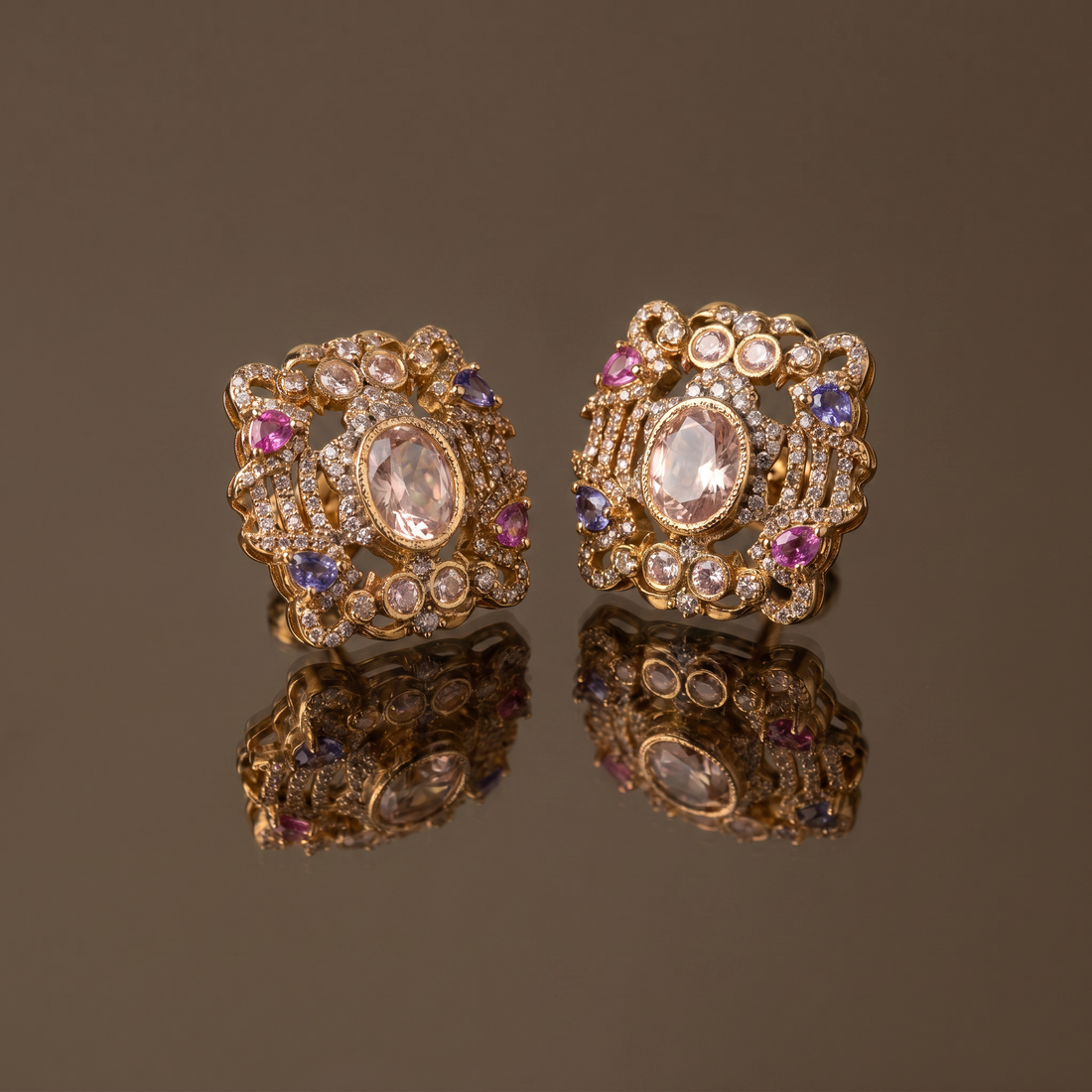 Rajeshwari Blue and pink Earrings and Ring Set