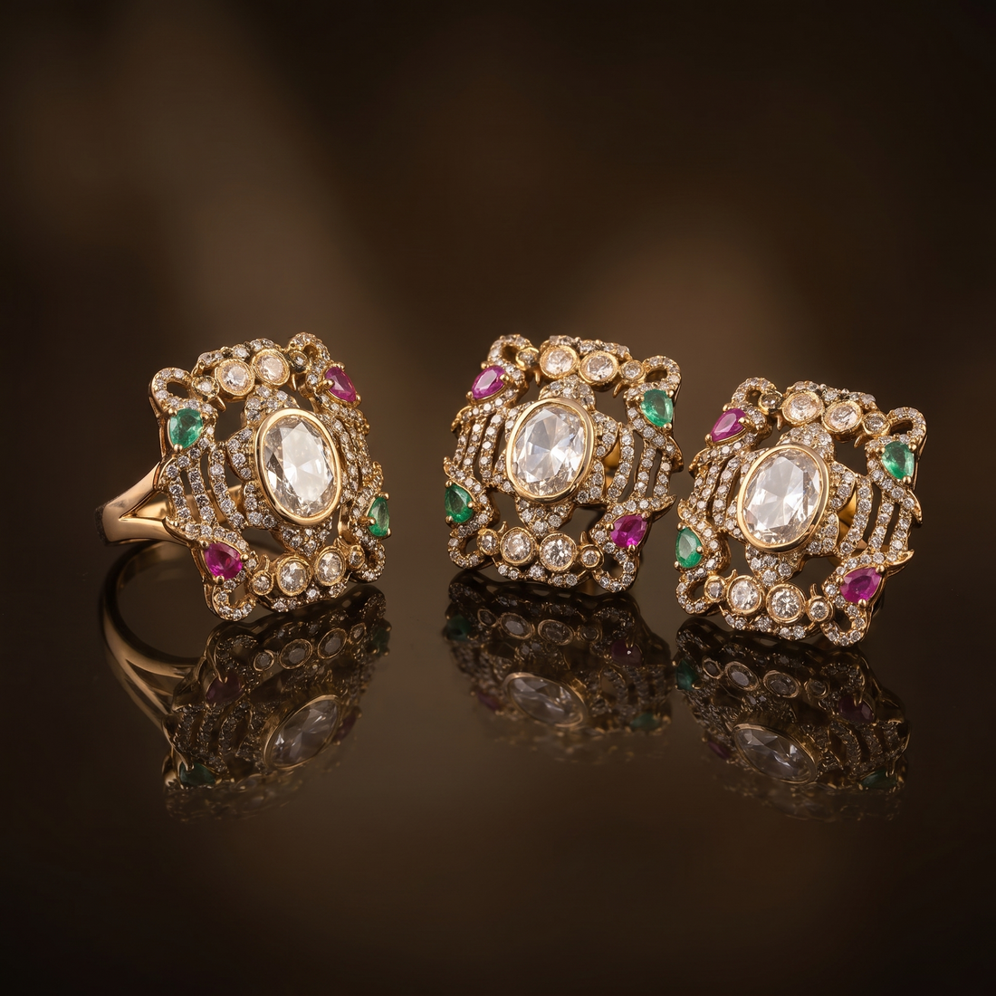 Rajeshwari Pink and Green Earrings and Ring Set