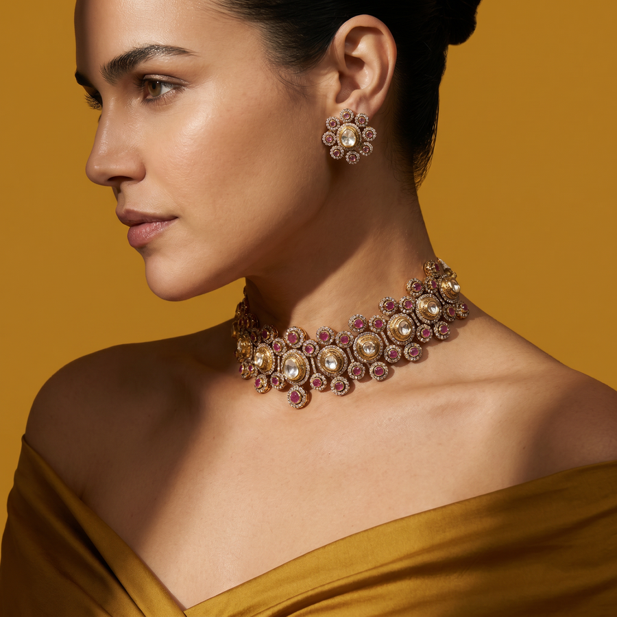 Rajwada Pink Polki Choker Set