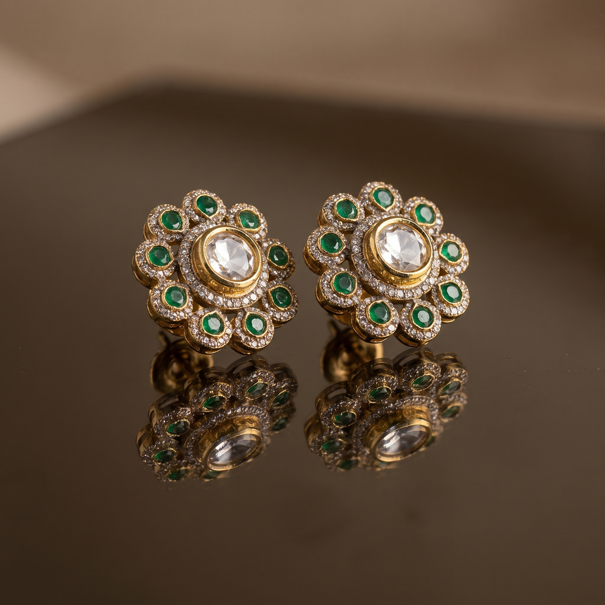 Roshni Kundan Stud Earrings - Emerald green