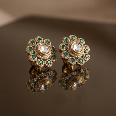 Roshni Kundan Stud Earrings - Emerald green