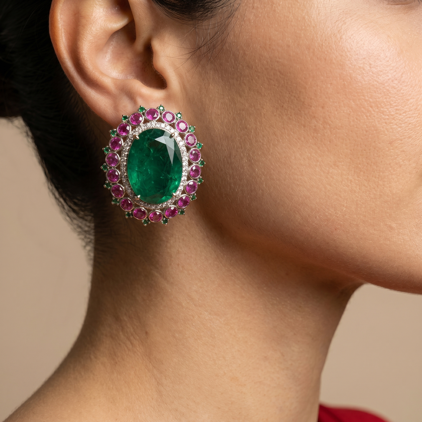Ruby oval stud earrings with American diamond and emerald halo — Ozel