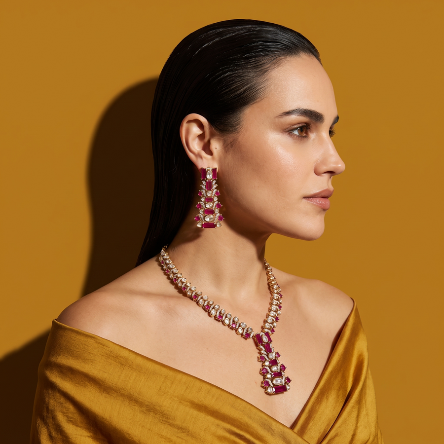 Saundarya Ruby Baguette Luxury Necklace Set