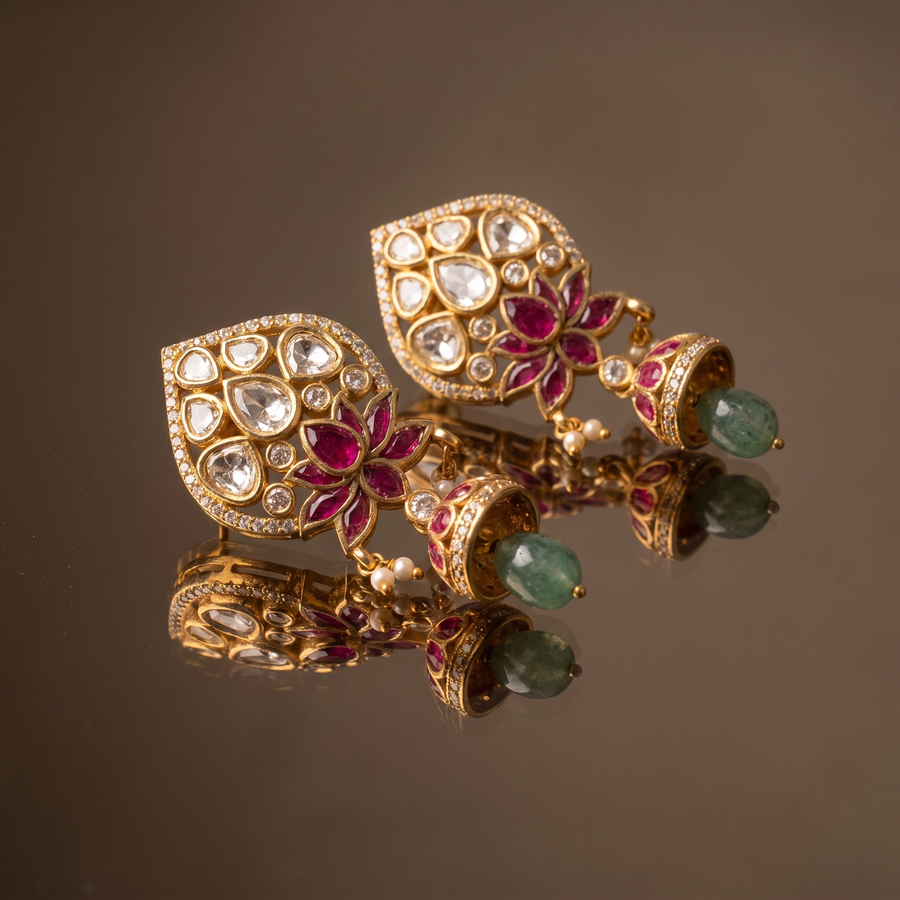 Teardrop Chandelier Ruby Earrings with Layered Stone Detail