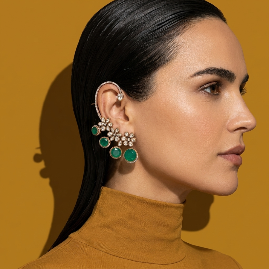 Emerald Floral Ear Cuff Earrings