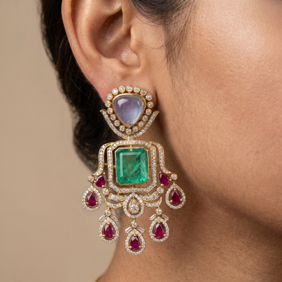 Vainika statement earrings with kundan, emerald, lilac and ruby stones — Ozel