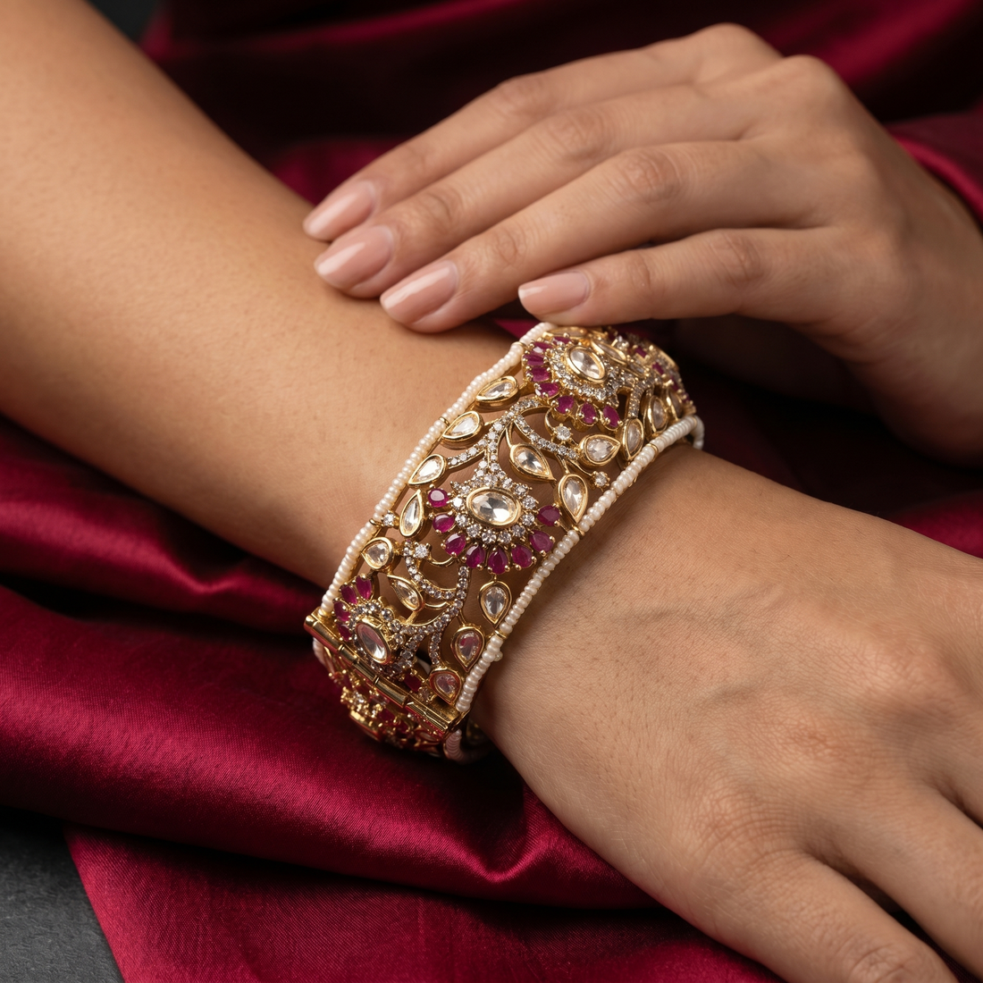 Vrinda Regal Cuff Bracelet with sovereign wide-form design and heritage handcrafted gold by Ozel