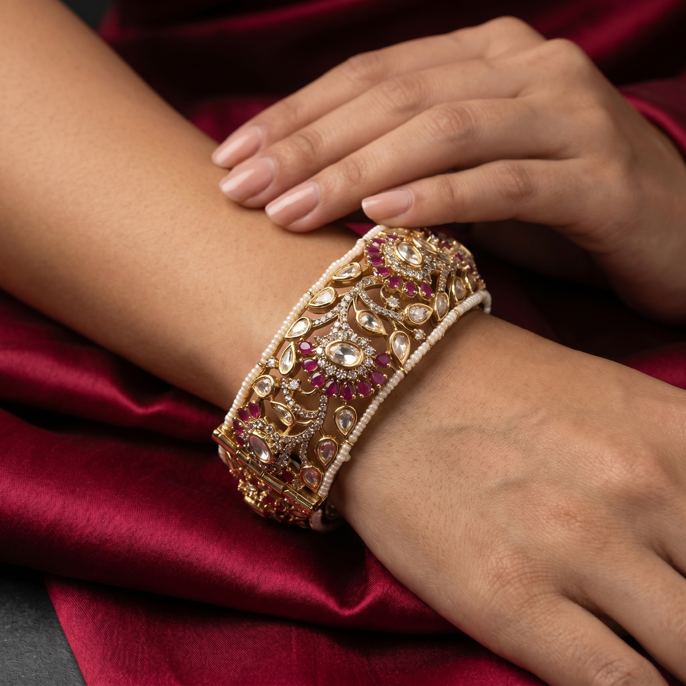 Vrinda Regal Cuff Bracelet with sovereign wide-form design and heritage handcrafted gold by Ozel