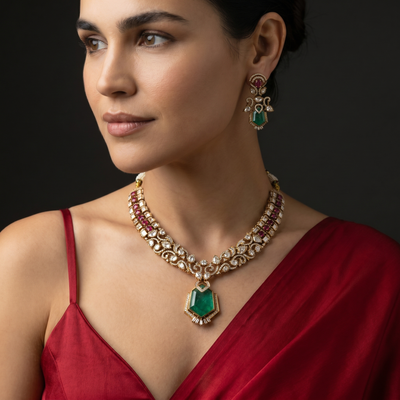 Vritika emerald regal necklace set with polki and pearl drops