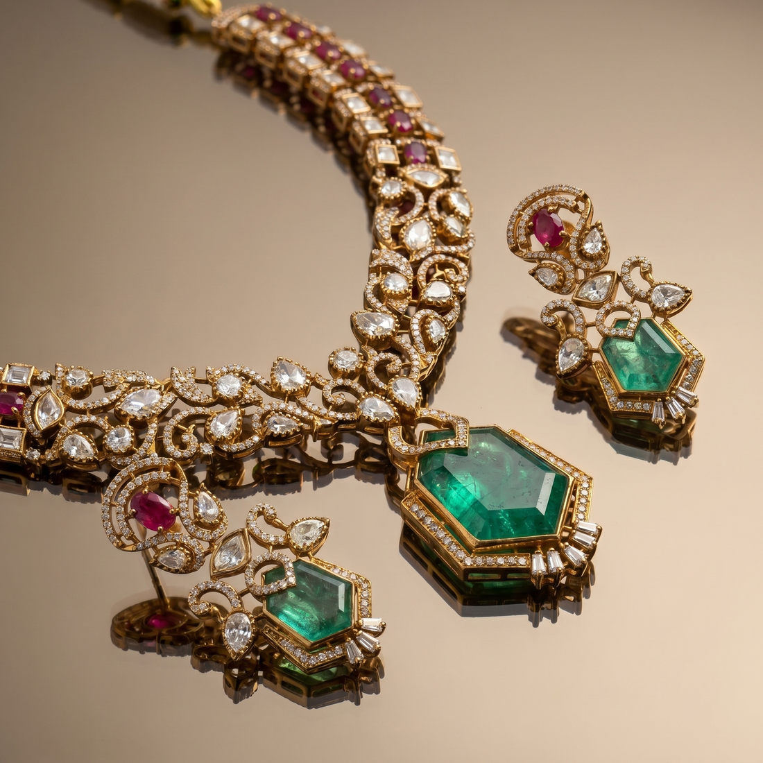 Vritika emerald regal necklace set – detail view by Ozel