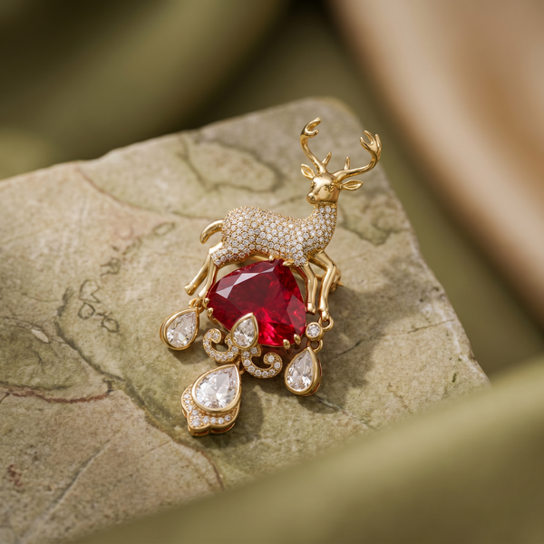 Vyara scarlet stag brooch with crystal detailing in antique gold