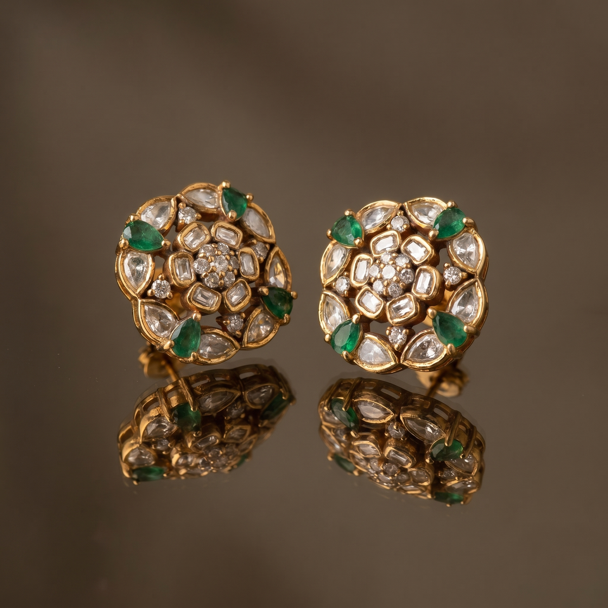 Vyomika emerald bloom stud earrings – detail view by Ozel
