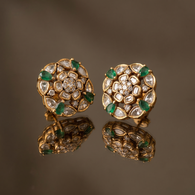 Vyomika emerald bloom stud earrings – detail view by Ozel