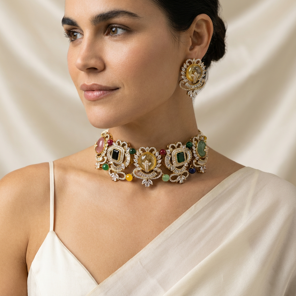 Ziya navratna kundan choker set – earring pair detail by Ozel