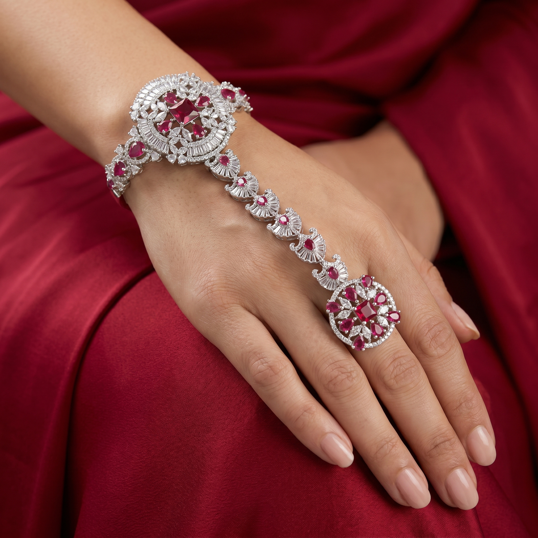 Zeenat ruby hand harness bracelet – regal Indian statement by Ozel