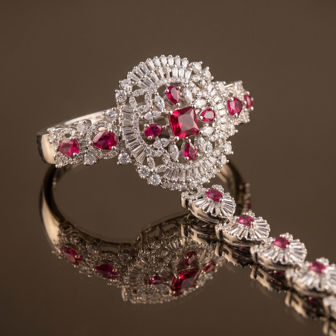 Zeenat ruby hand harness bracelet – detail view by Ozel