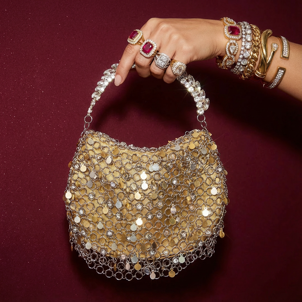 Crystal cosmic crescent bag – statement Indian designer accessory by Ozel