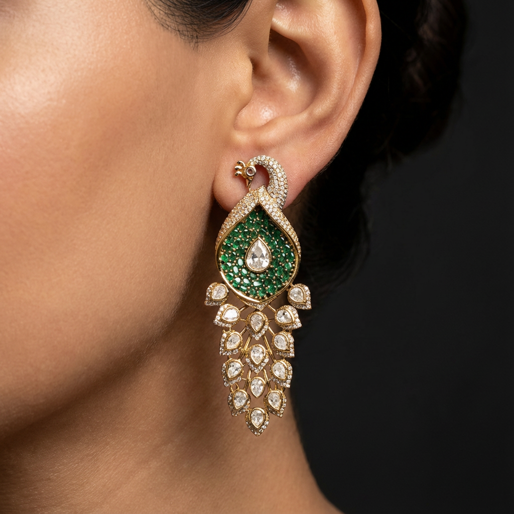 Peacock cascade drop earrings – worn on ear by Ozel