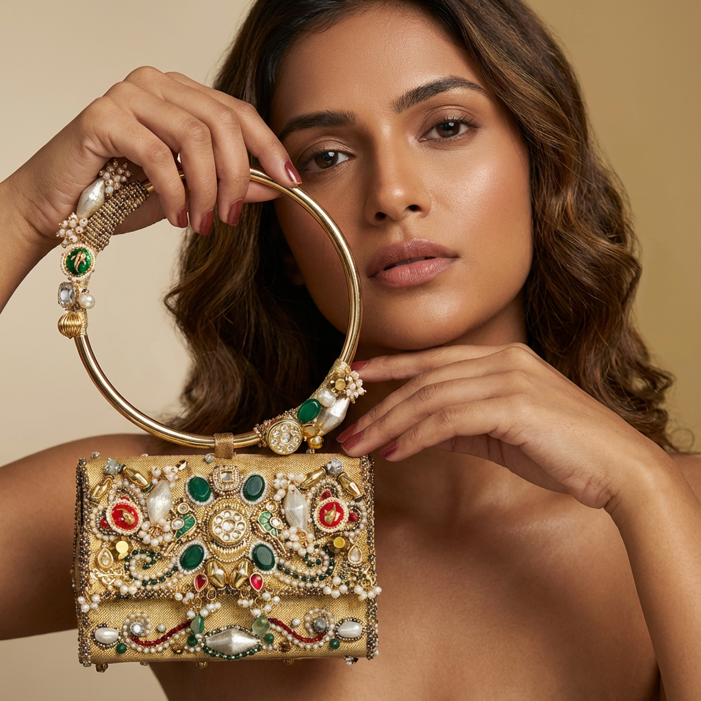 Handcrafted gold zardozi mini bag with pearls, kundan stones and emerald cabochons — Ozel