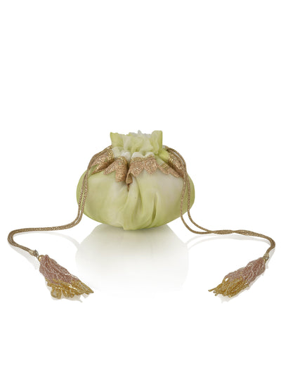 Hand-dyed shibori organza pastel potli bag with cutbits handle — Ozel