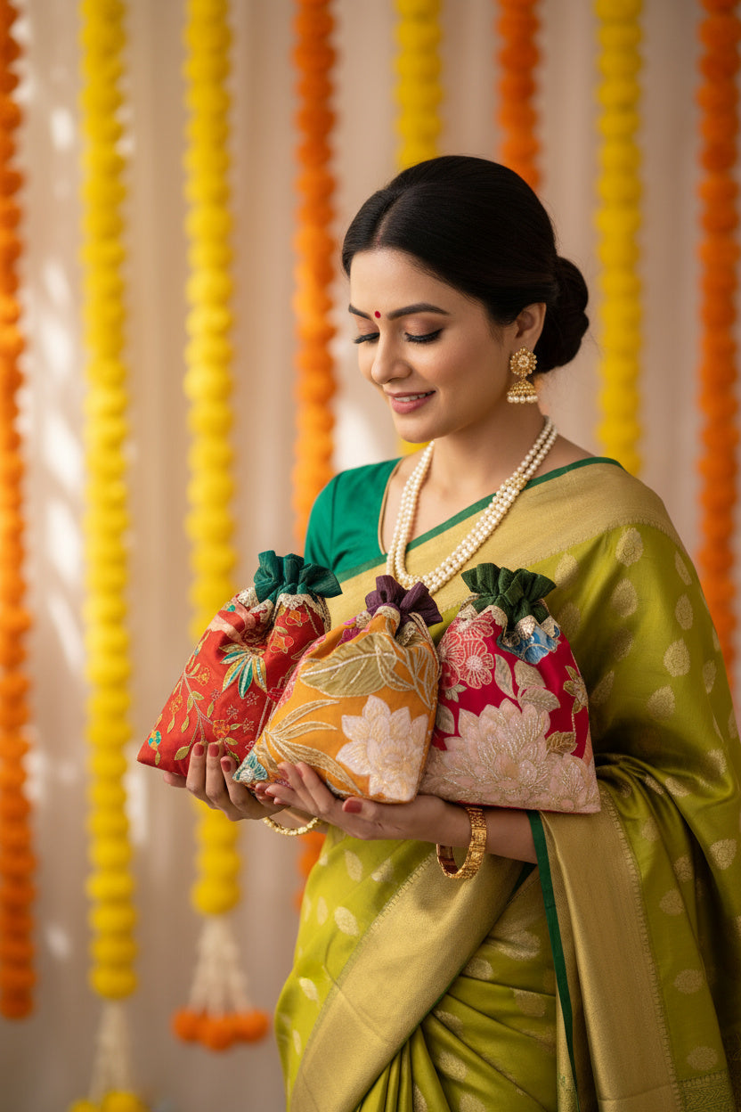 Set of Anvika gota-embroidered potli bags – Ozel