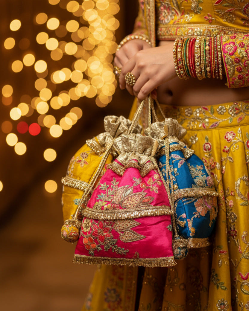 Anusha potli bag from set held by model — Ozel