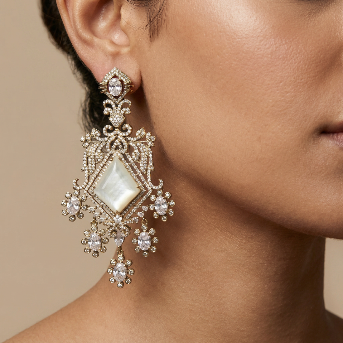 Chandelier earrings with layered stone drops and kundan detail