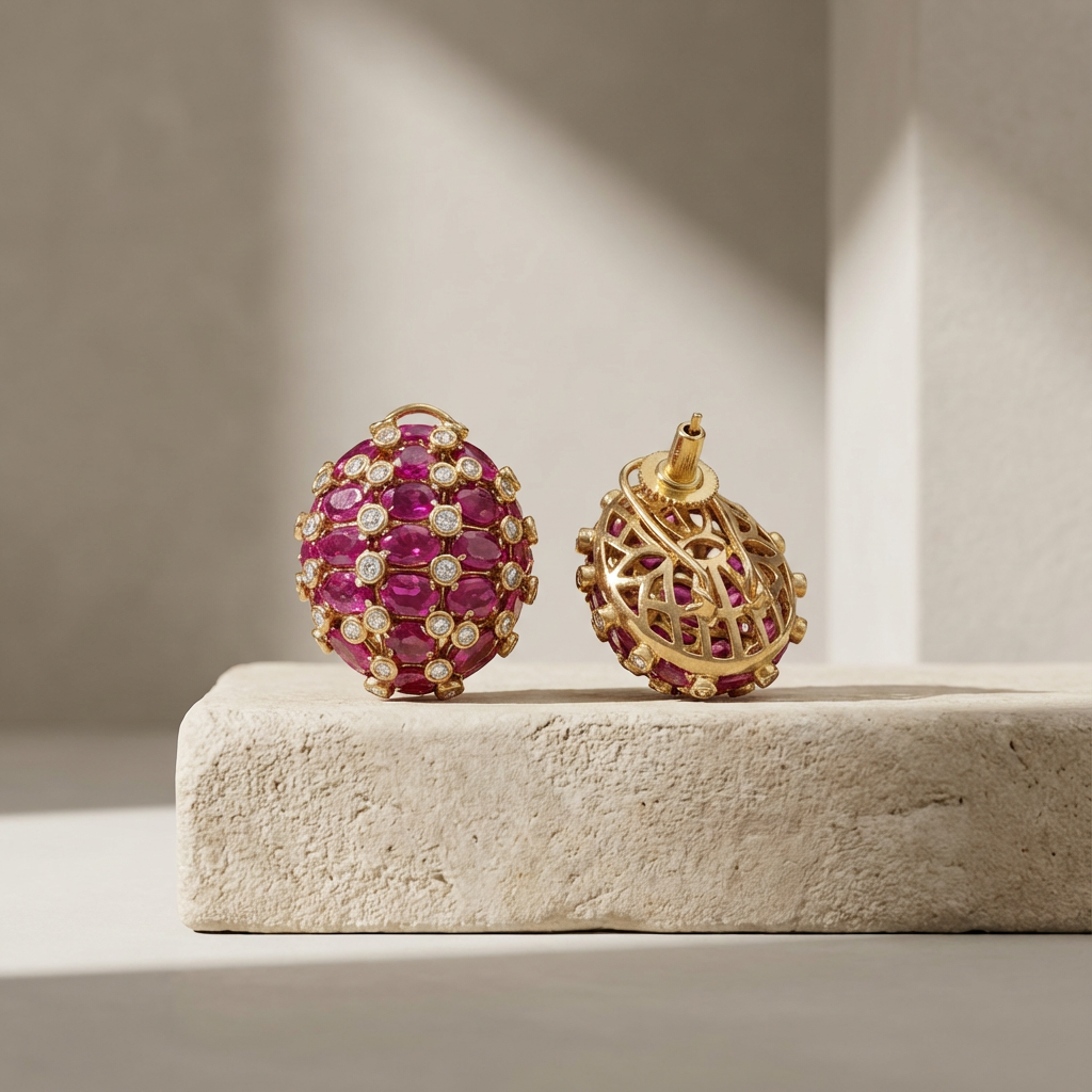 Crimson orbita stud earrings with circular stone ring